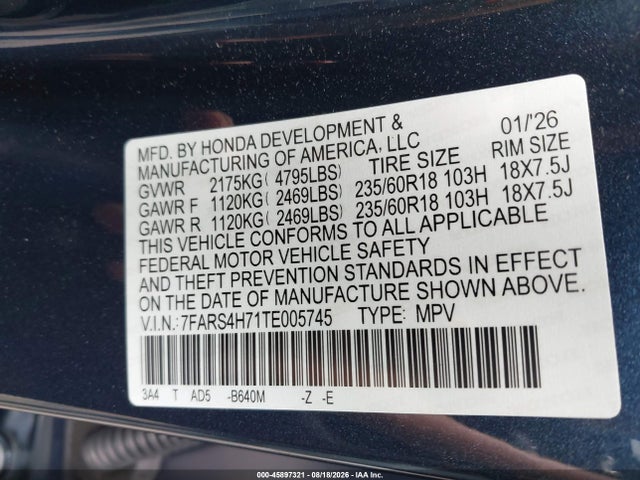 45897321 :رقم المزاد ، 7FARS4H71TE005745 vin ، 2026 Honda Cr-v Ex-l Awd مزاد بيع