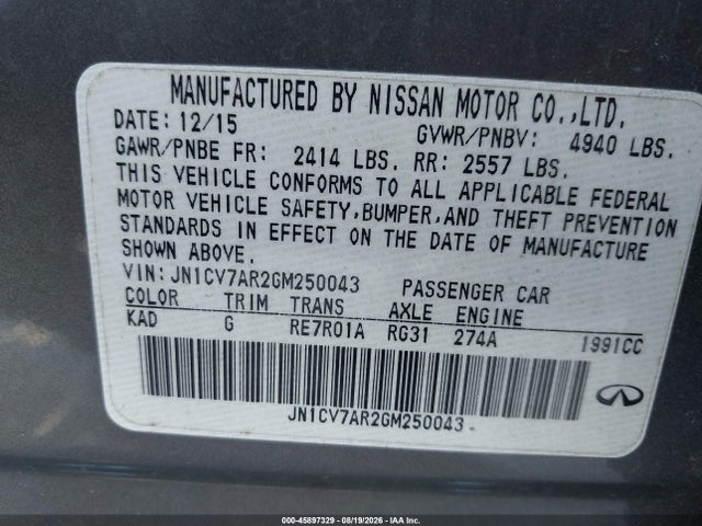Продаж на аукціоні авто 2016 Infiniti Q50 2.0t Premium, vin: JN1CV7AR2GM250043, номер лоту: 45897329