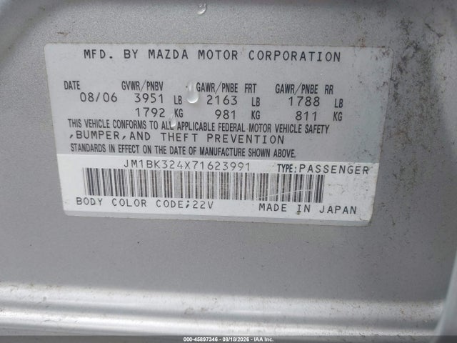 Продаж на аукціоні авто 2007 Mazda Mazda3 S Grand Touring, vin: JM1BK324X71623991, номер лоту: 45897346