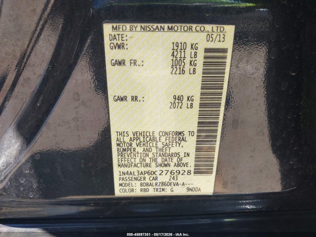 45897351 :رقم المزاد ، 1N4AL3AP6DC276928 vin ، 2013 Nissan Altima 2.5 S مزاد بيع