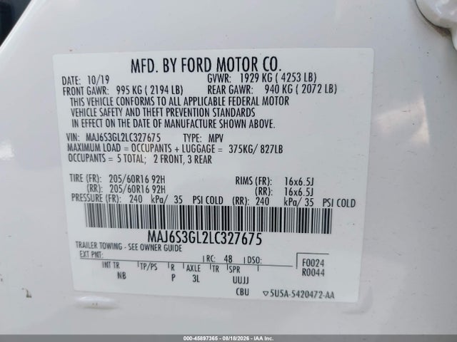 Продаж на аукціоні авто 2020 Ford Ecosport Se, vin: MAJ6S3GL2LC327675, номер лоту: 45897365