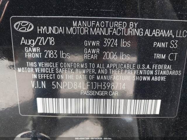 Aukcja sprzedaży 2018 Hyundai Elantra Value Edition, vin: 5NPD84LF1JH398714, numer aukcji: 45897386