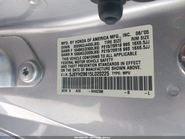 Продаж на аукціоні авто 2005 Honda Element Ex, vin: 5J6YH28615L020225, номер лоту: 45897387