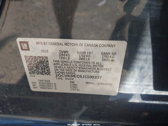 Aukcja sprzedaży 2018 Chevrolet Silverado 1500 1lt, vin: 2GCVKREC0J1100337, numer aukcji: 45897390