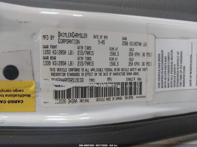 Aukcja sprzedaży 2005 Chrysler Town & Country Lx, vin: 2C4GP44R55R519133, numer aukcji: 45897409