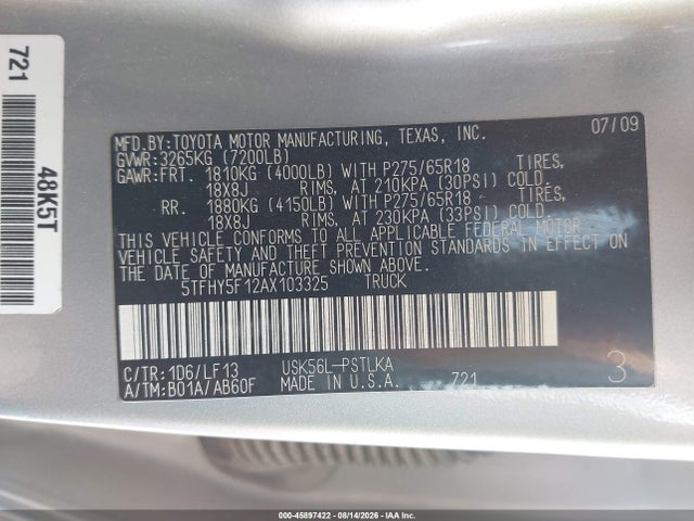 45897422 :رقم المزاد ، 5TFHY5F12AX103325 vin ، 2010 Toyota Tundra Limited 5.7l V8 مزاد بيع