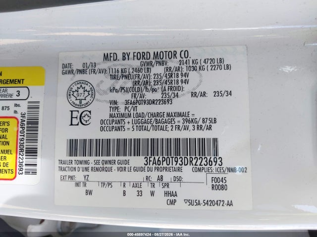 2013 Ford Fusion Se მანქანა იყიდება აუქციონზე, vin: 3FA6P0T93DR223693, აუქციონის ნომერი: 45897424