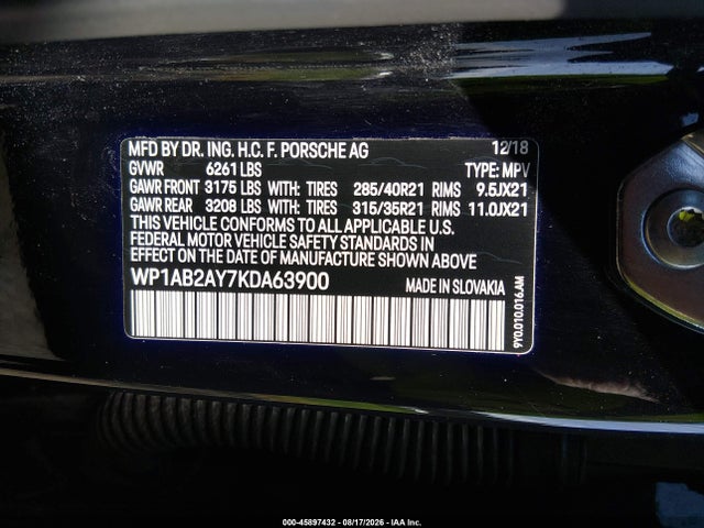 45897432 :رقم المزاد ، WP1AB2AY7KDA63900 vin ، 2019 Porsche Cayenne S مزاد بيع