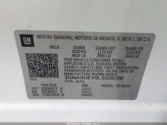 Aukcja sprzedaży 2020 Chevrolet Equinox Awd Lt 1.5l Turbo, vin: 3GNAXUEV9LS528720, numer aukcji: 45897444