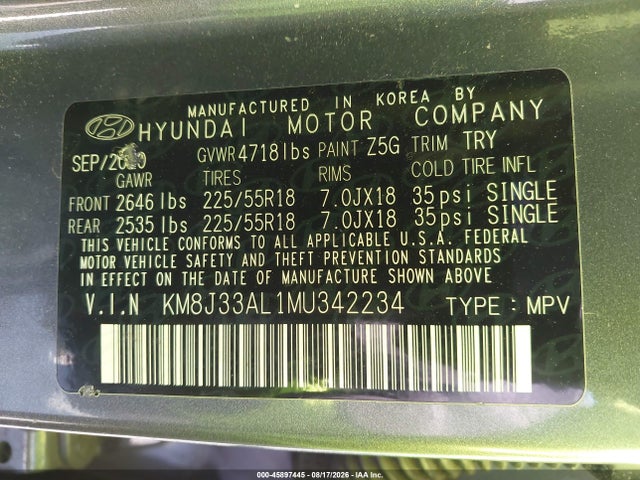 Aukcja sprzedaży 2021 Hyundai Tucson Limited, vin: KM8J33AL1MU342234, numer aukcji: 45897445