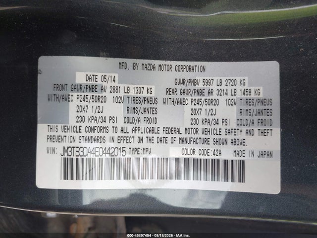 Aukcja sprzedaży 2014 Mazda Cx-9 Grand Touring, vin: JM3TB3DA4E0442015, numer aukcji: 45897454