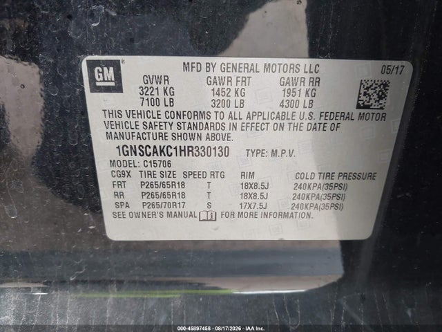 2017 Chevrolet Tahoe Ls მანქანა იყიდება აუქციონზე, vin: 1GNSCAKC1HR330130, აუქციონის ნომერი: 45897458