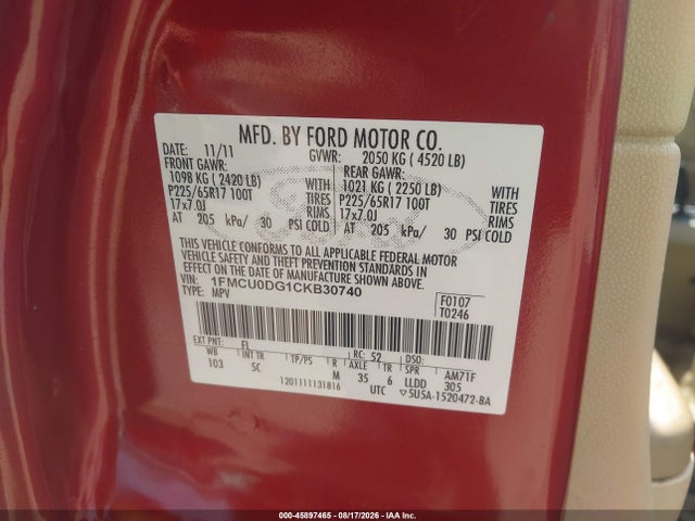 Продажа на аукционе авто 2012 Ford Escape Xlt, vin: 1FMCU0DG1CKB30740, номер лота: 45897465
