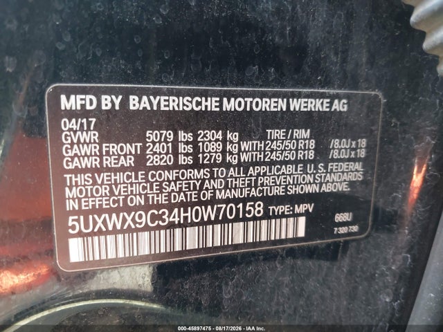 Aukcja sprzedaży 2017 Bmw X3 Xdrive28i, vin: 5UXWX9C34H0W70158, numer aukcji: 45897475