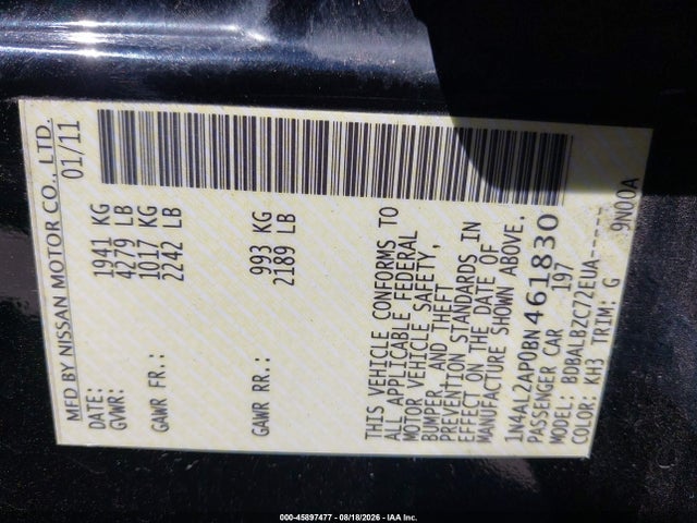 Aukcja sprzedaży 2011 Nissan Altima S, vin: 1N4AL2AP0BN461830, numer aukcji: 45897477