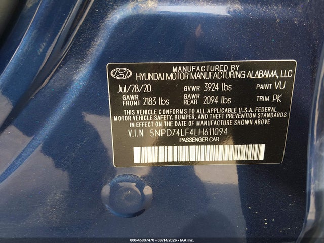 Продажа на аукционе авто 2020 Hyundai Elantra Se, vin: 5NPD74LF4LH611094, номер лота: 45897478