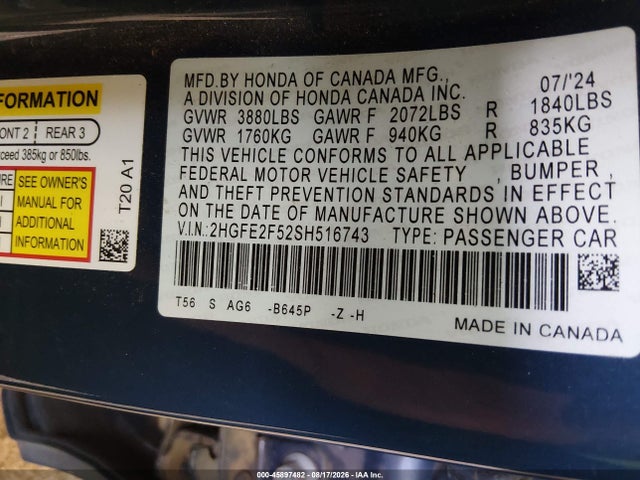 Продажа на аукционе авто 2025 Honda Civic Sport, vin: 2HGFE2F52SH516743, номер лота: 45897482