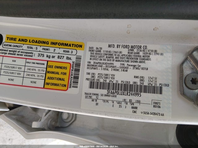 2020 Ford Fusion Hybrid Se მანქანა იყიდება აუქციონზე, vin: 3FA6P0LUXLR244995, აუქციონის ნომერი: 45897500