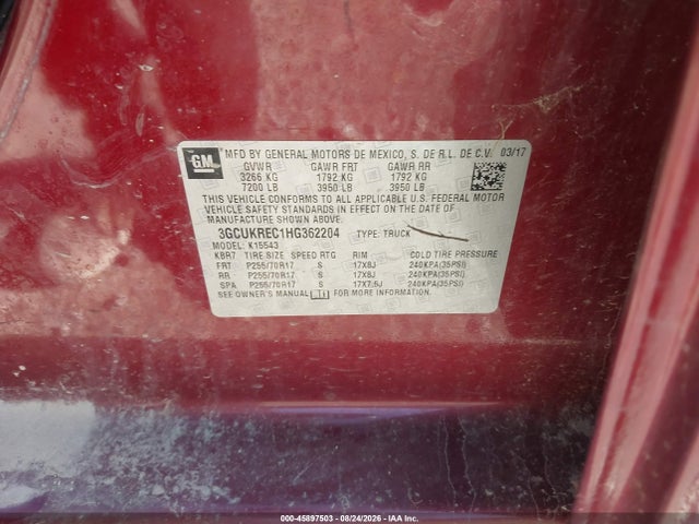 Auction sale of the 2017 Chevrolet Silverado 1500 Lt, vin: 3GCUKREC1HG362204, lot number: 45897503