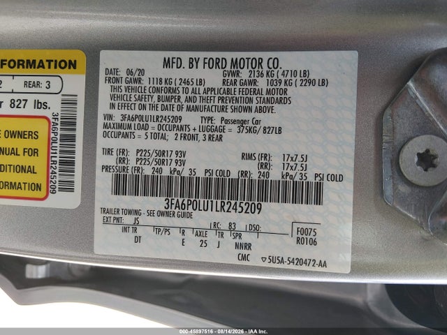 2020 Ford Fusion Hybrid Se მანქანა იყიდება აუქციონზე, vin: 3FA6P0LU1LR245209, აუქციონის ნომერი: 45897516