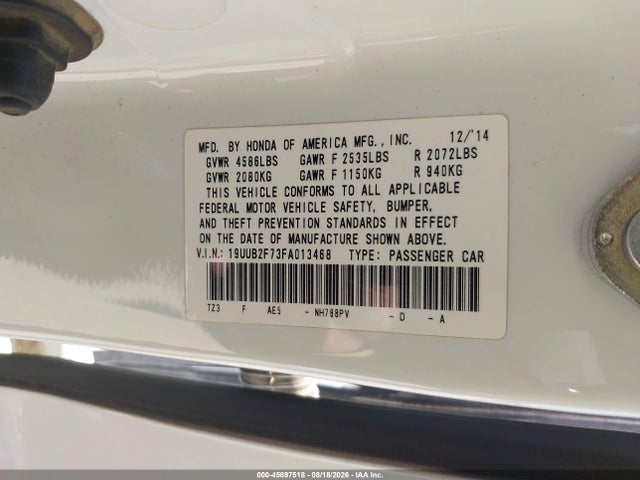 2015 Acura Tlx V6 Advance მანქანა იყიდება აუქციონზე, vin: 19UUB2F73FA013468, აუქციონის ნომერი: 45897518
