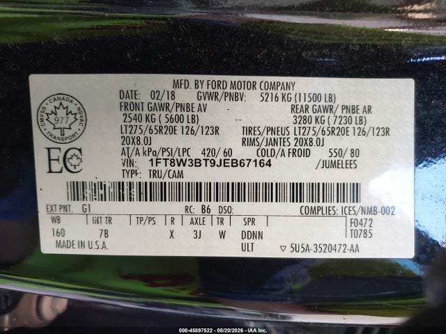 2018 Ford F-350 Platinum მანქანა იყიდება აუქციონზე, vin: 1FT8W3BT9JEB67164, აუქციონის ნომერი: 45897522