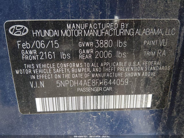 2015 Hyundai Elantra Se მანქანა იყიდება აუქციონზე, vin: 5NPDH4AE8FH644059, აუქციონის ნომერი: 45897531