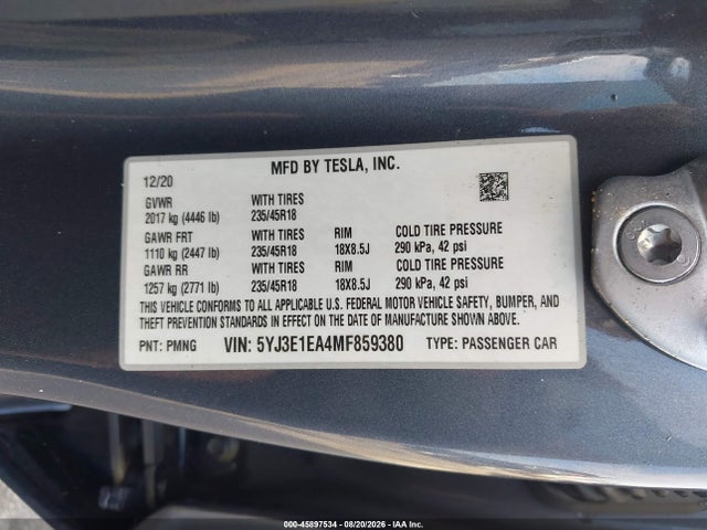2021 Tesla Model 3 Standard Range Plus Rear-wheel Drive მანქანა იყიდება აუქციონზე, vin: 5YJ3E1EA4MF859380, აუქციონის ნომერი: 45897534
