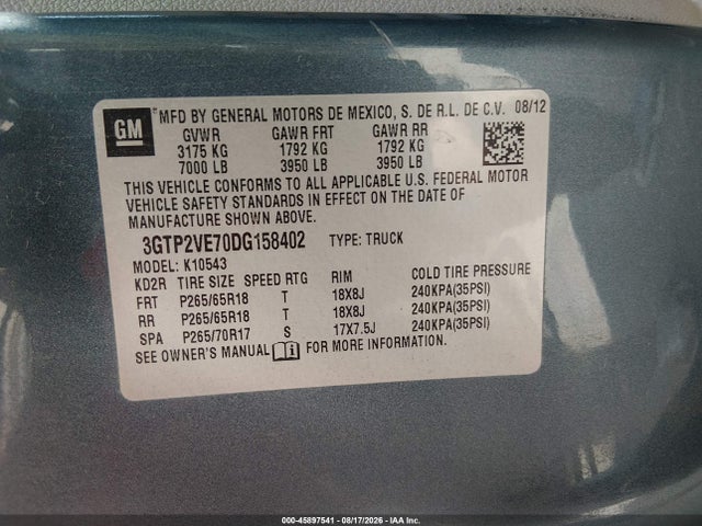 45897541 :رقم المزاد ، 3GTP2VE70DG158402 vin ، 2013 Gmc Sierra 1500 Sle مزاد بيع