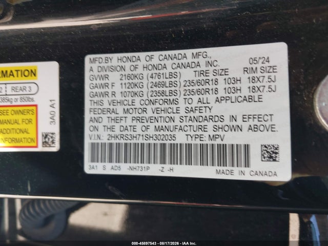 Продажа на аукционе авто 2025 Honda Cr-v Ex-l 2wd, vin: 2HKRS3H71SH302035, номер лота: 45897543