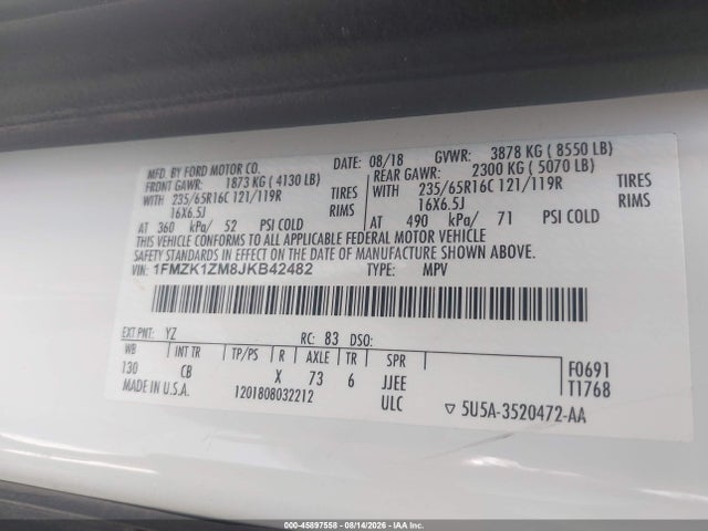 2018 Ford Transit-150 Xl მანქანა იყიდება აუქციონზე, vin: 1FMZK1ZM8JKB42482, აუქციონის ნომერი: 45897558