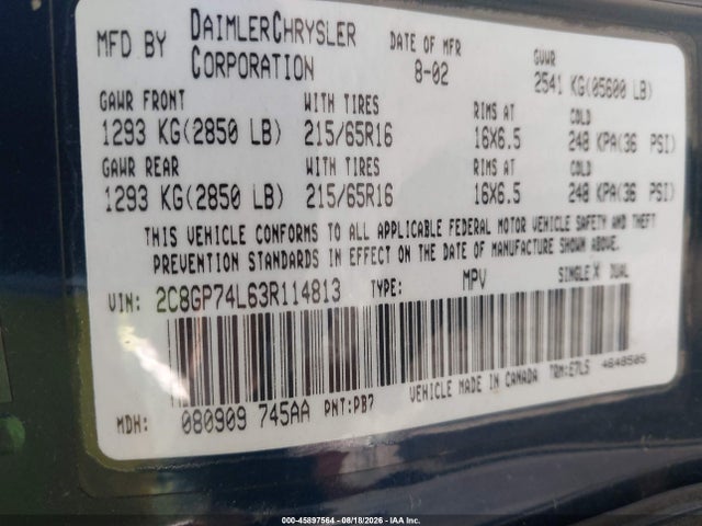 45897564 :رقم المزاد ، 2C8GP74L63R114813 vin ، 2003 Chrysler Town & Country Ex مزاد بيع