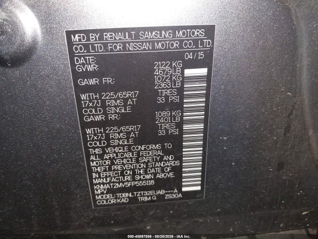 2015 Nissan Rogue Sv მანქანა იყიდება აუქციონზე, vin: KNMAT2MV5FP555118, აუქციონის ნომერი: 45897586
