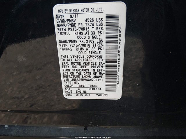 Продажа на аукционе авто 2012 Nissan Rogue S, vin: JN8AS5MV4CW702121, номер лота: 45897593