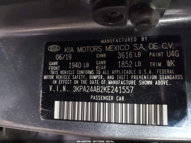 Aukcja sprzedaży 2019 Kia Rio S, vin: 3KPA24AB2KE241557, numer aukcji: 45897595