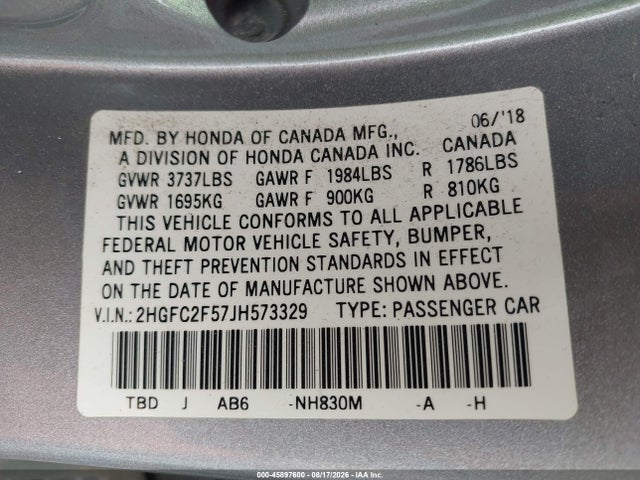 2HGFC2F57JH573329 Honda Civic Lx