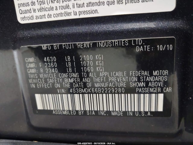 Aukcja sprzedaży 2011 Subaru Legacy 3.6r Limited, vin: 4S3BMDK66B2229280, numer aukcji: 45897603