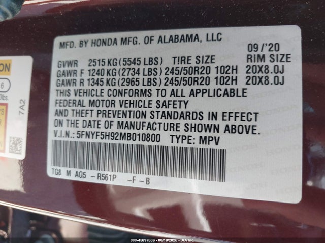 5FNYF5H92MB010800 Honda Pilot 2wd Touring 8 Passenger