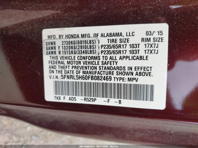 5FNRL5H60FB082469 Honda Odyssey Ex-l
