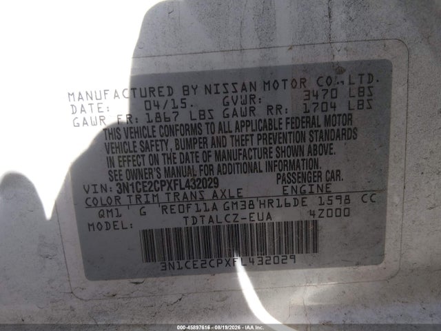 3N1CE2CPXFL432029 Nissan Versa Note S Plus
