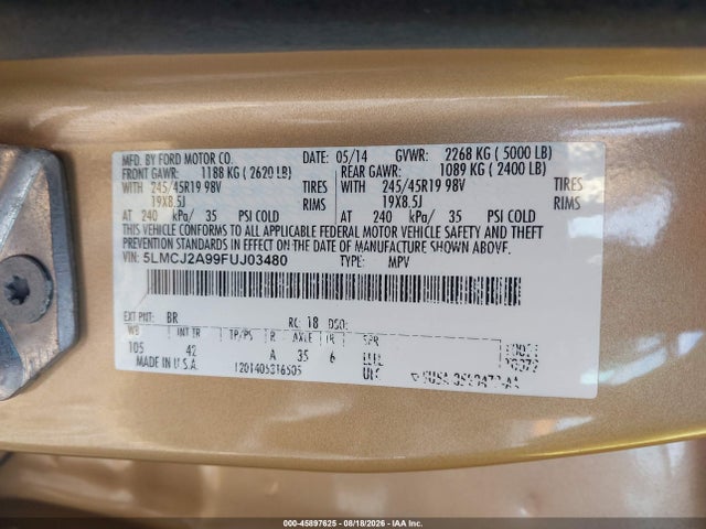 45897625 :رقم المزاد ، 5LMCJ2A99FUJ03480 vin ، 2015 Lincoln Mkc مزاد بيع