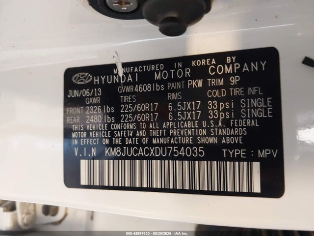 45897630 :رقم المزاد ، KM8JUCACXDU754035 vin ، 2013 Hyundai Tucson Gls مزاد بيع