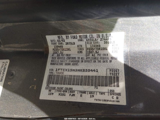 1992 Ford F150 მანქანა იყიდება აუქციონზე, vin: 1FTEX15N3NKB55441, აუქციონის ნომერი: 45897633