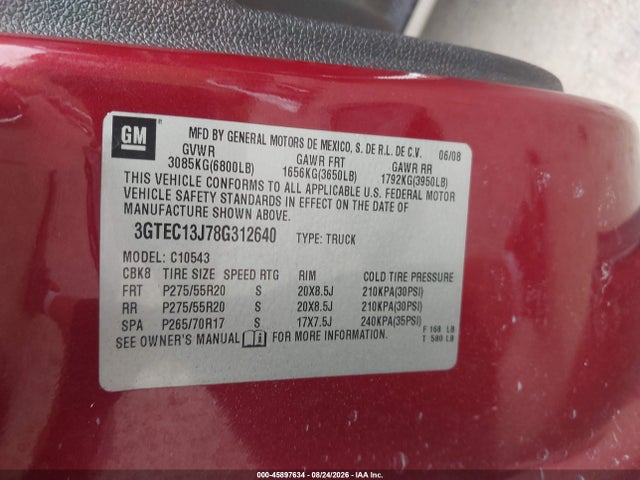 45897634 :رقم المزاد ، 3GTEC13J78G312640 vin ، 2008 Gmc Sierra 1500 Sle1 مزاد بيع