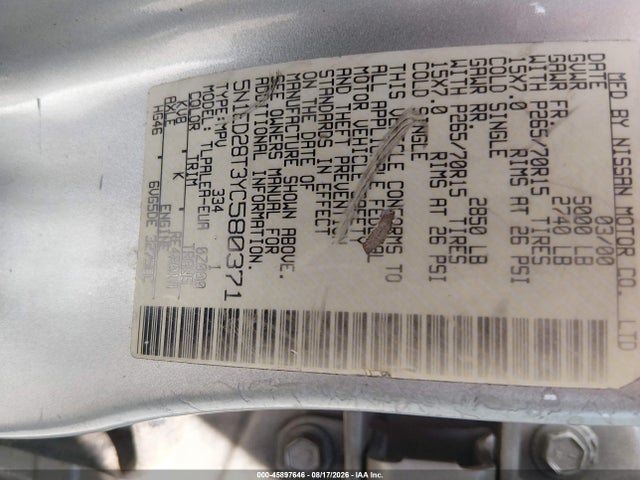 Продаж на аукціоні авто 2000 Nissan Xterra Se/xe, vin: 5N1ED28T3YC580371, номер лоту: 45897646