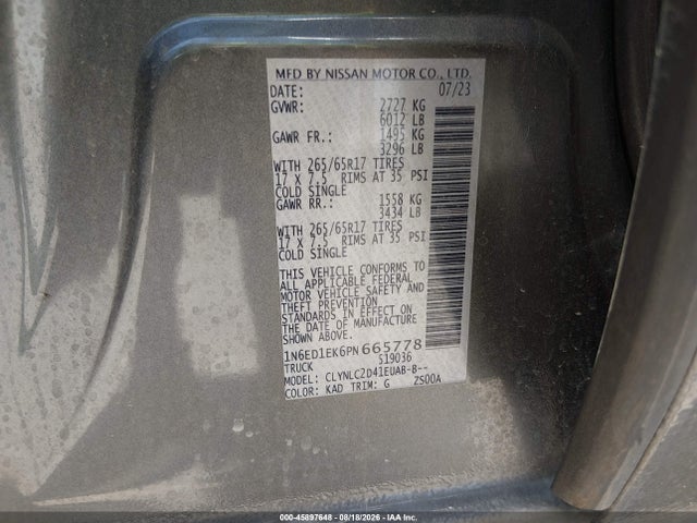 2023 Nissan Frontier Sv 4x4 მანქანა იყიდება აუქციონზე, vin: 1N6ED1EK6PN665778, აუქციონის ნომერი: 45897648