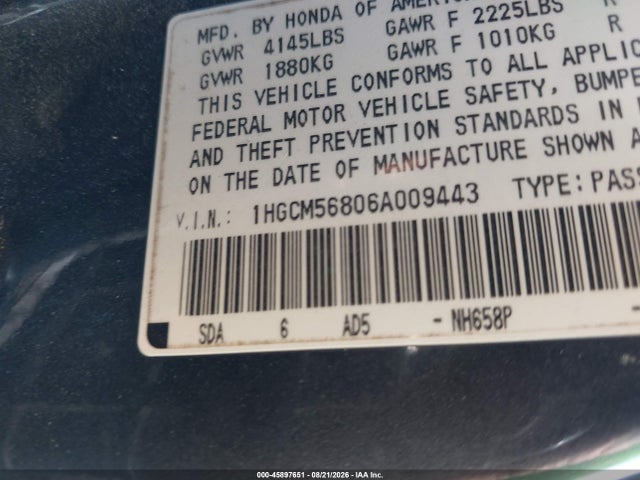 Aukcja sprzedaży 2006 Honda Accord 2.4 Ex, vin: 1HGCM56806A009443, numer aukcji: 45897651