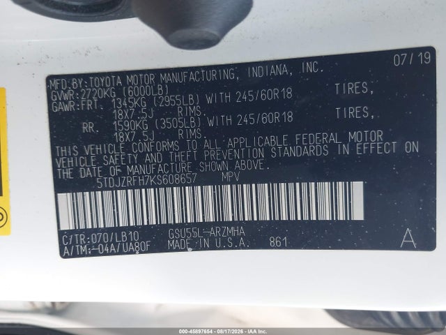 Toyota Highlander Xle 2019 5TDJZRFH7KS608657 Image 9