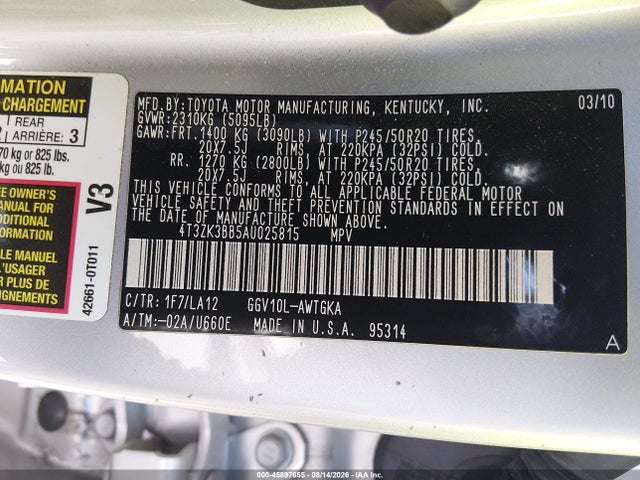 Aukcja sprzedaży 2010 Toyota Venza Base V6, vin: 4T3ZK3BB5AU025815, numer aukcji: 45897655