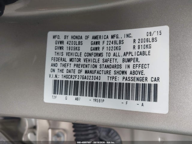 Aukcja sprzedaży 2016 Honda Accord Lx, vin: 1HGCR2F37GA023040, numer aukcji: 45897657